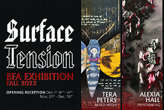 BFA postcard featuring the close up work of Tera Peters and Alexia Hall with exhibition details